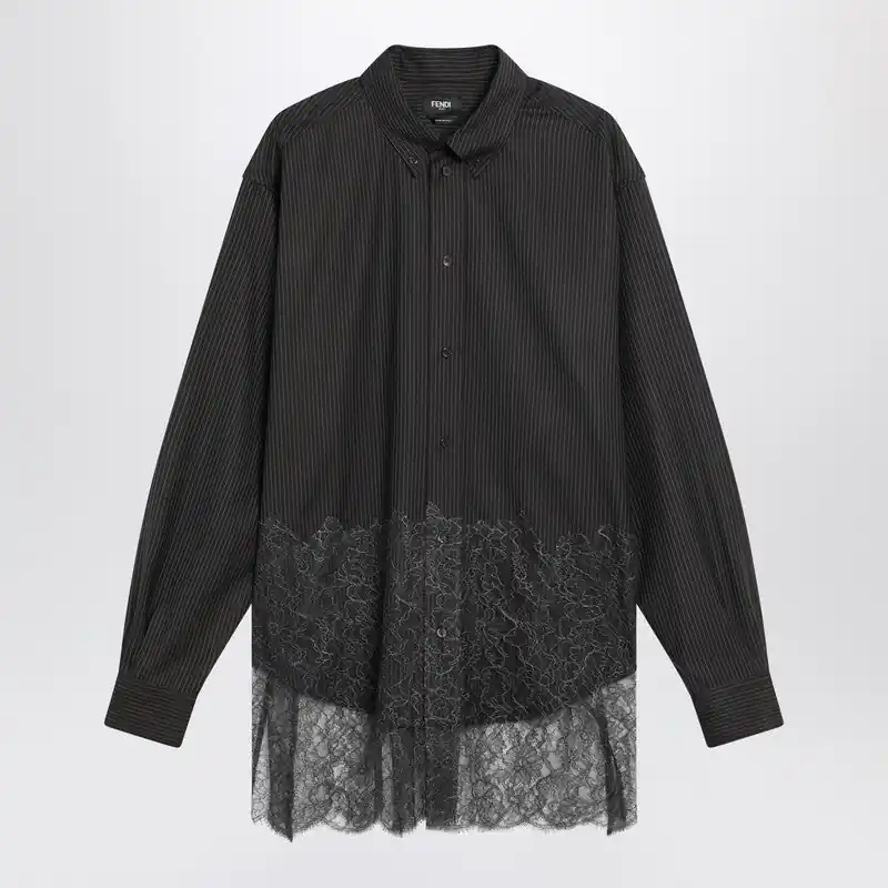 Espresso Pinstriped Wool Shirt With Lace - Fendi