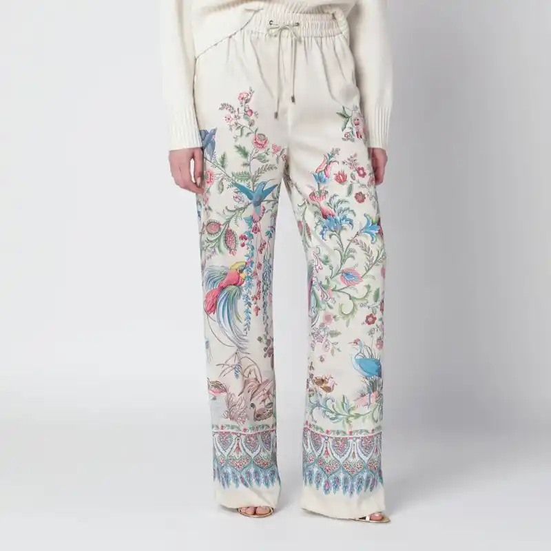 White Wide-Leg Trousers With Floral Print