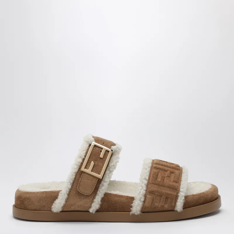 Slide Fendi Feel In Bronze Suede And Shearling