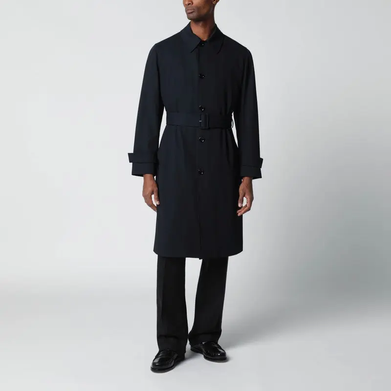 Blue Single-Breasted Wool Trench Coat