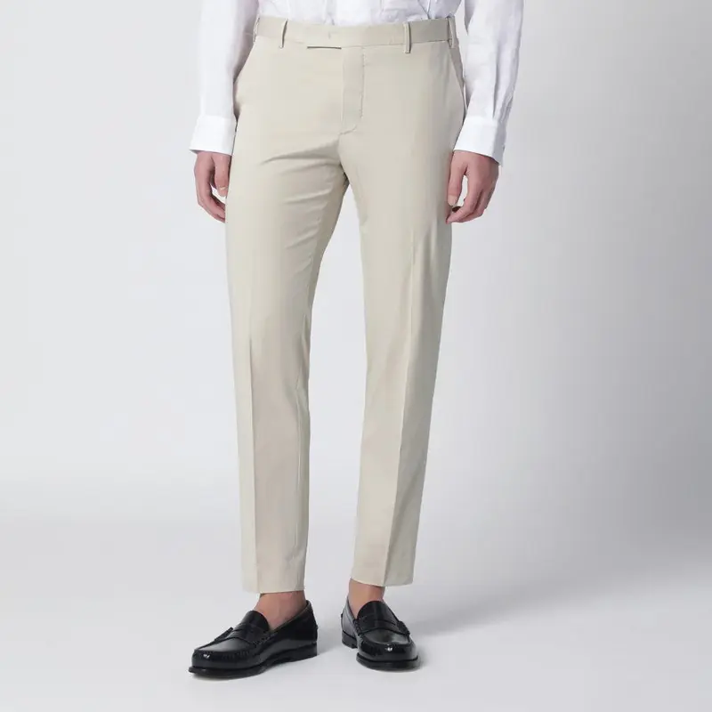 Beige Slim-Fit Cotton-Blend Trousers