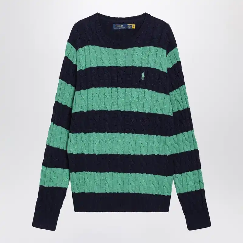 Navy Blue/Green Striped Cable Knit Sweater - Polo Ralph Lauren
