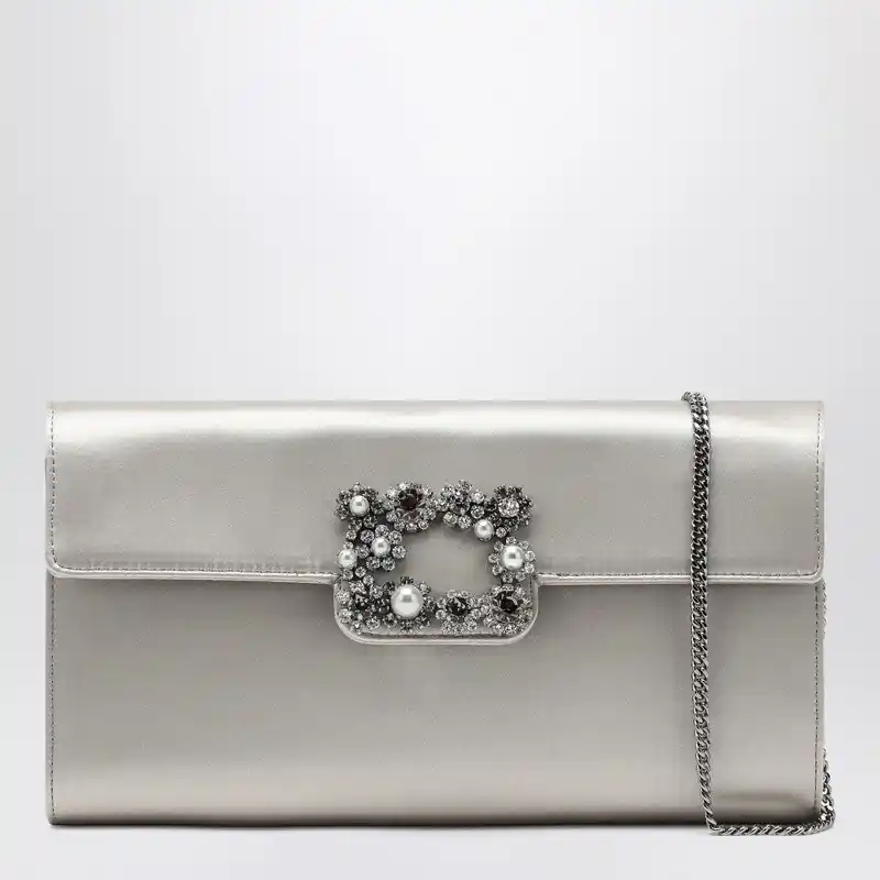 Pearl Grey Satin Clutch Bag With Buckle - Roger Vivier
