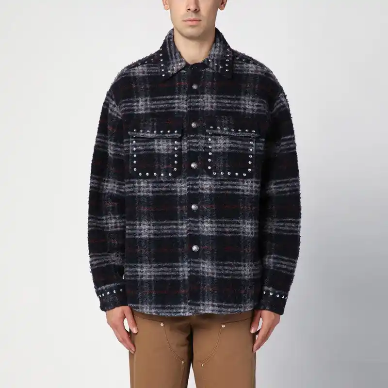 Over Shirt In Navy Check Wool With Studs - Palm Angels