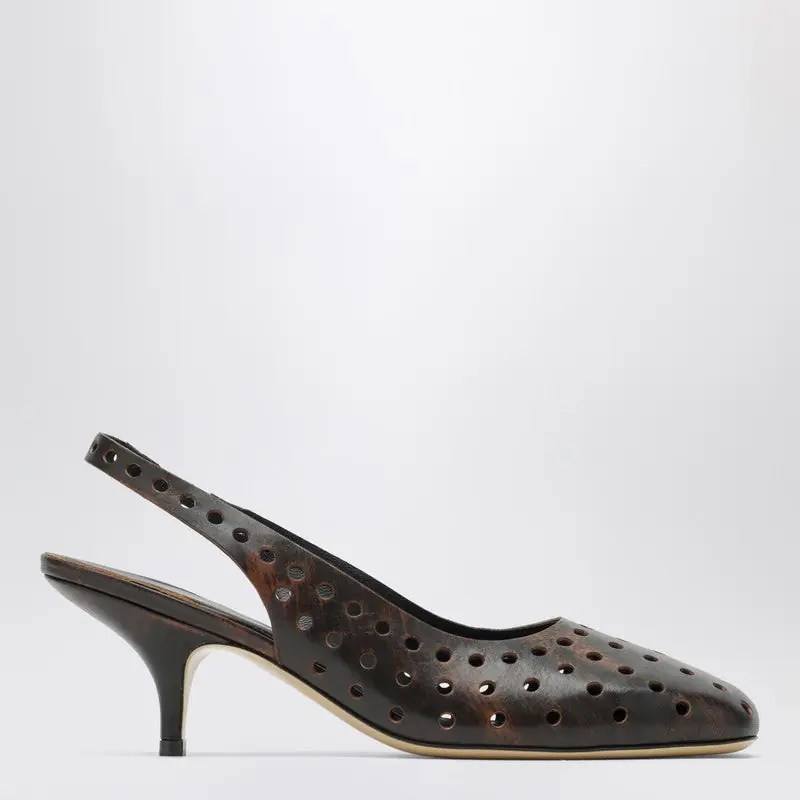 Brown Aged Leather Perforated Slingback Shoes - Dries Van Noten