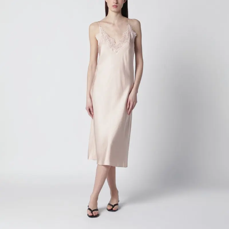 Light Pink Silk Slip Dress With Lace - RóHe