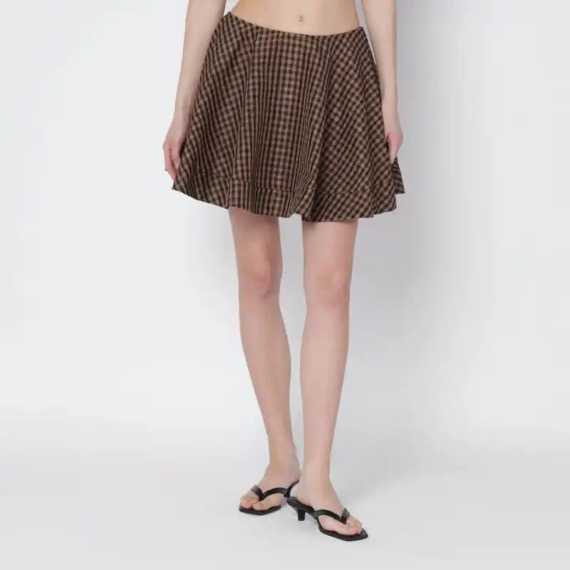 Brown/Black Gingham Flared Mini Skirt - Ganni