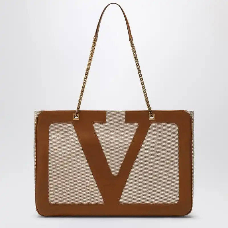 Large Viva Superstar Bag In Natural/Spice Canvas - Valentino Garavani