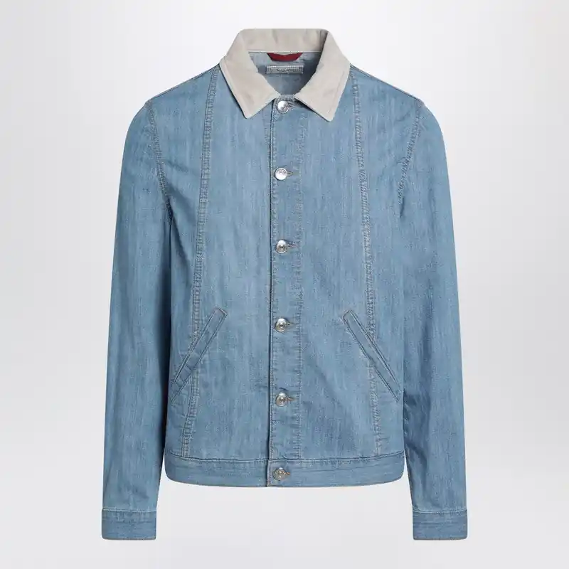 Blue Denim Jacket With Suede Collar - Brunello Cucinelli