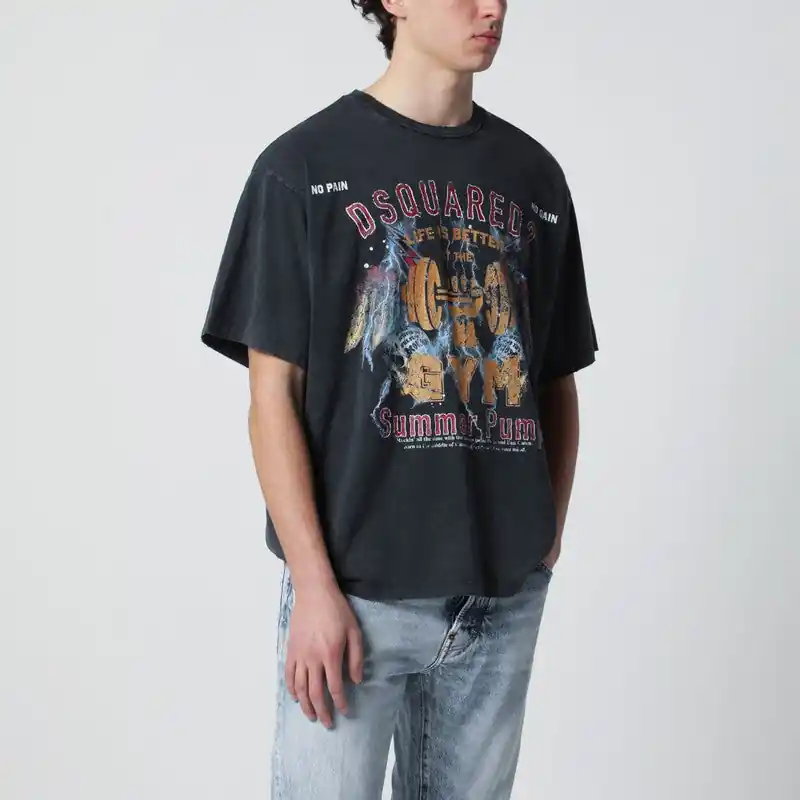 Grey Vintage-Effect T-Shirt With Rock Print
