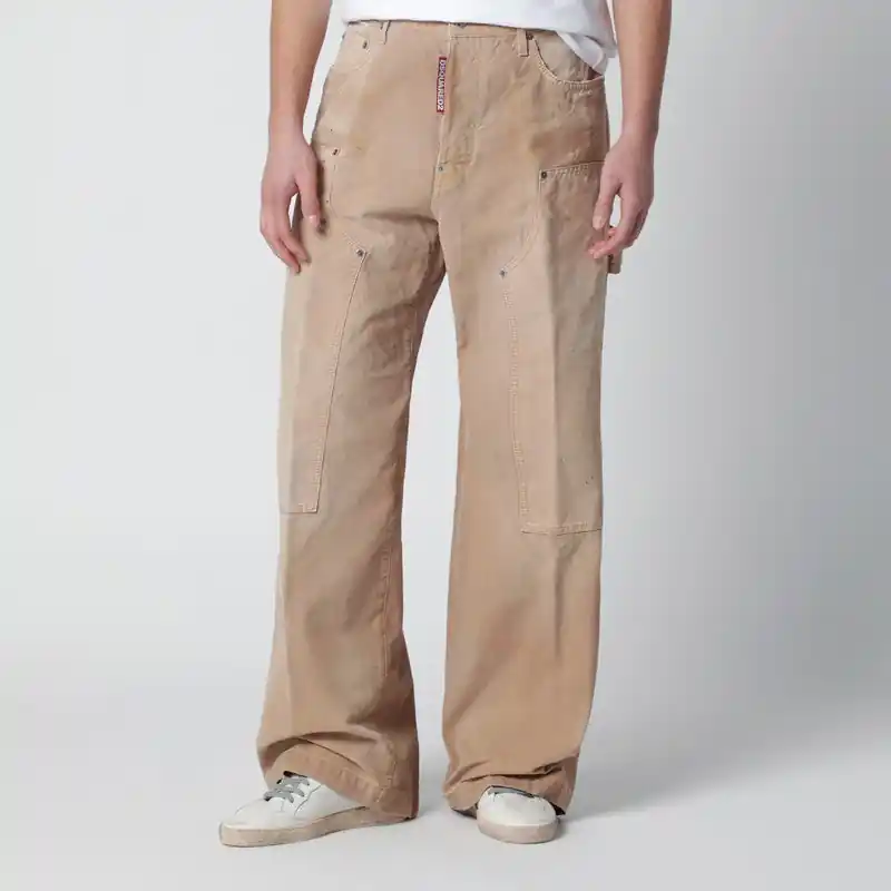 Vintage-Effect Beige Baggy Carpenter Jeans
