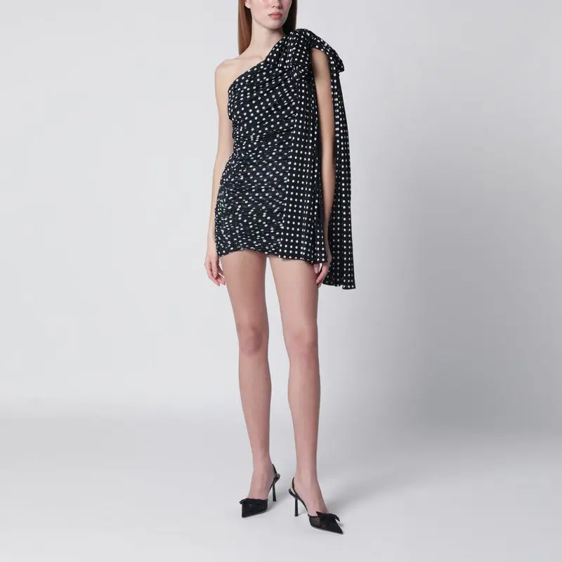 Blue Polka Dot Draped One-Shoulder Dress