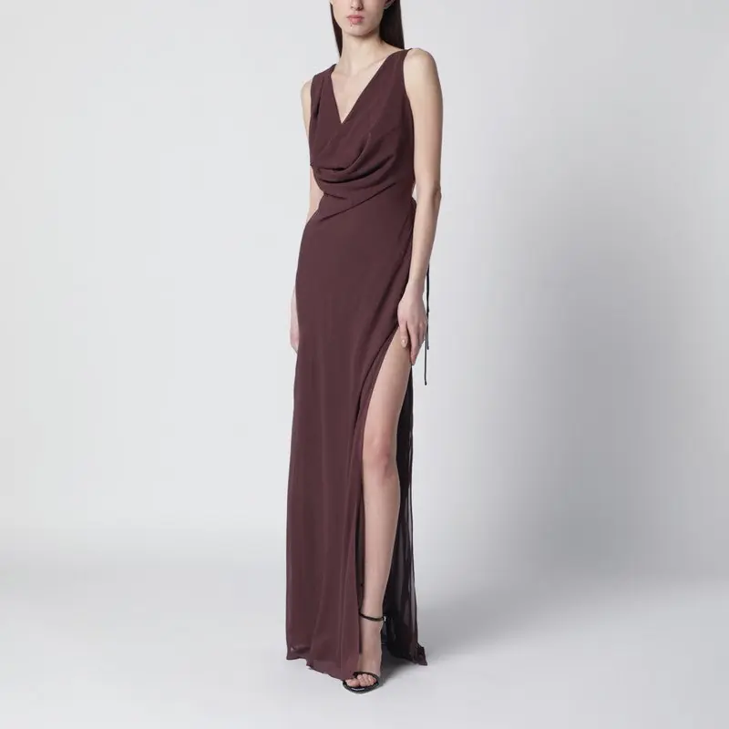 Aubergine Silk-Blend Long Dress